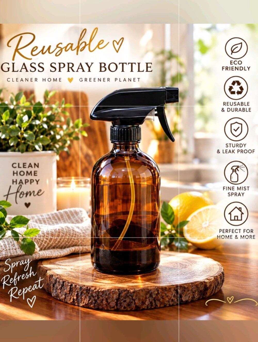 Amber Glass Spray bottle/Silicone base Great for cleaning spray mists DIY Solns